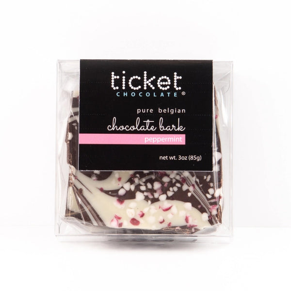 Packaged chocolate bark with 'ticket chocolate' label on a white background