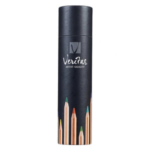 Black cylindrical container with 'Veritas Artist Quality' branding and illustrations of colored pencils on a white background.