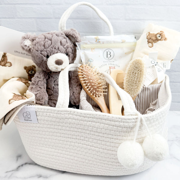 Welcome New Baby Gift Basket with Teddy Bear, Swaddle, Burp Cloths, Bath Soak & Baby Brush Set  | Gender Neutral Baby Shower Gift